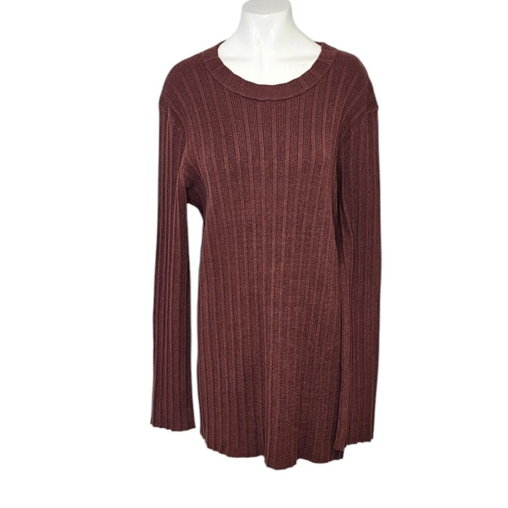 Open Edit Womens Ribbed Side Tie Long Sleeve Shirt, Brown, Stretch, Size XL, NWT